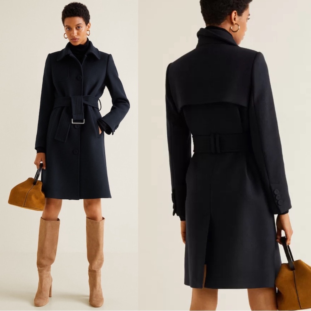 MANGO Navy Blue Belted Wool Trench Coat Dark Navy Flap Overcoat XXS— Fits XS too - Picture 17 of 17